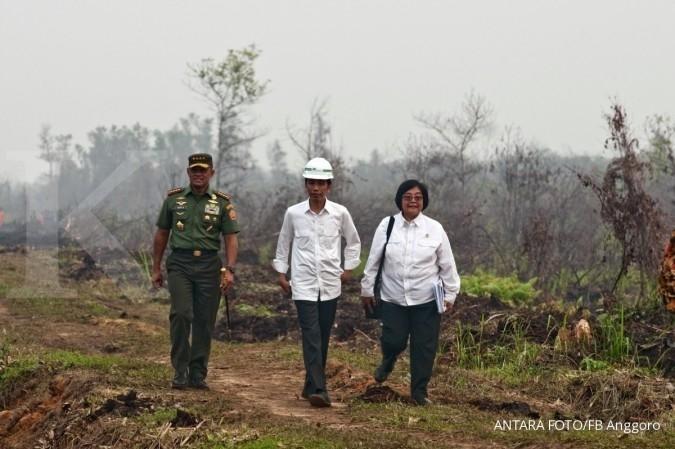 Presiden Joko Widodo (tengah) bersama Panglima TNI Jenderal Gatot Nurmantyo dan Menteri Lingkungan Hidup dan Kehutanan Siti Nurbaya saat meninjau penanganan kebakaran lahan di Desa Rimbo Panjang Kabupaten Kampar, Riau, Jumat (9/10). Presiden meminta penanganan untuk pencegahan kebakaran lahan dan hutan ke depan yang paling efektif adalah dengan memperbanyak sekat kanal dan embung penampung air. ANTARA FOTO/FB Anggoro/nz/15.